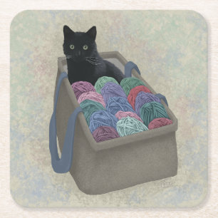 Svart katt i garnväska underlägg papper kvadrat