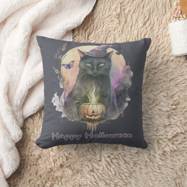 Svart katt i häxhatt Grå Celestial Halloween Kudde (Filt)