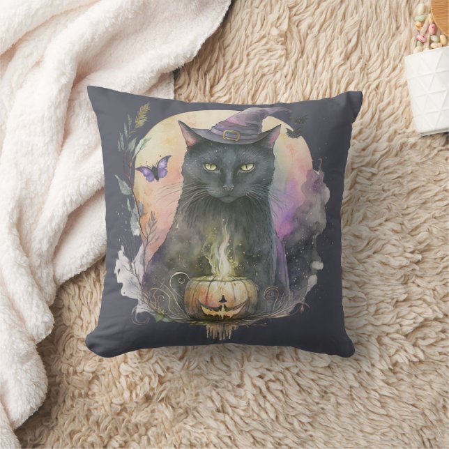 Svart katt i häxhatt Grå Celestial Halloween Kudde (Filt)