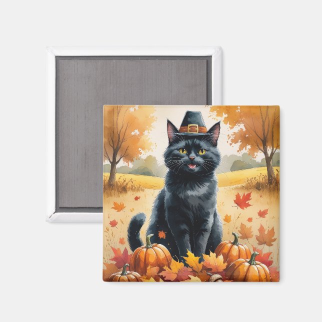 Svart Katt i Höstlöv Tacksägelse Konst Magnet (Front/Back)