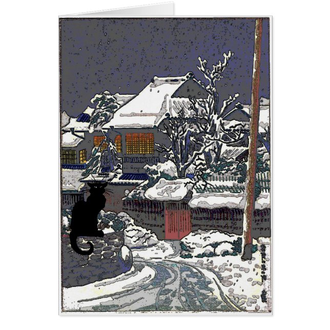 Svart katt i japanskt tryck för snö hälsningskort (Framsidan)