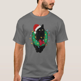 Svart katt i julklapp Ljus Santa Hat Funny Cat T Shirt