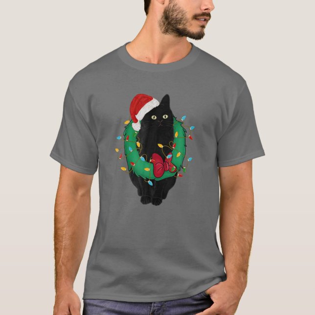 Svart katt i julklapp Ljus Santa Hat Funny Cat T Shirt (Framsida)