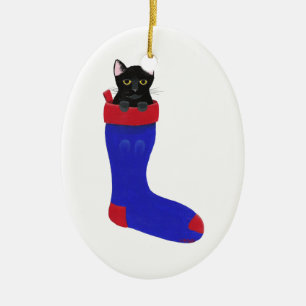 Svart katt i julstrumpaprydnad julgransprydnad keramik