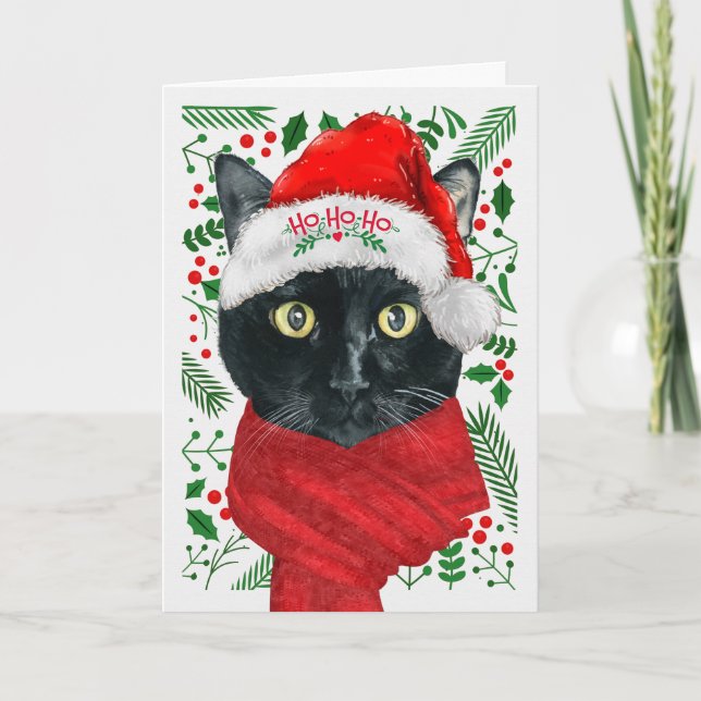 Svart katt i jultomten helgkort (Framsida)