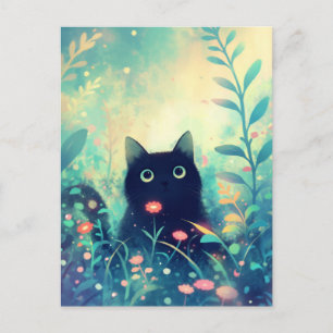 Svart katt i magisk tealblommig trädgård vykort