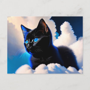 Svart katt i molnen vykort