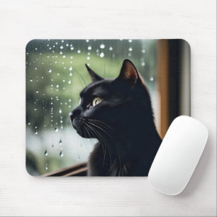 Svart katt i nederbördsfönster musmatta