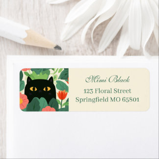 Svart katt i orange blomsterträdgård returadress etikett