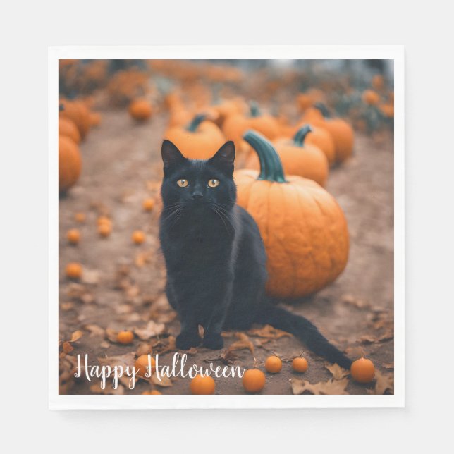 Svart katt i pumpafält pappersservett (Framsidan)