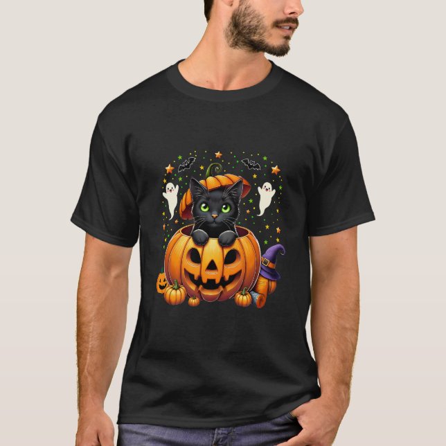 Svart katt i Pumpkin - Spooky Season! T Shirt (Framsida)