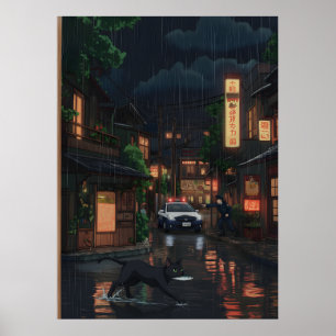 Svart katt i regnig japansk neon-gatu-animé-konst poster
