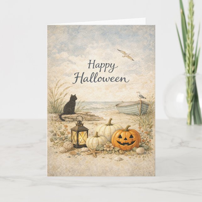 Svart katt i roddbåt Halloween vid kusten Kort (Framsida)
