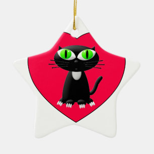 Svart katt i rött hjärta julgransprydnad keramik