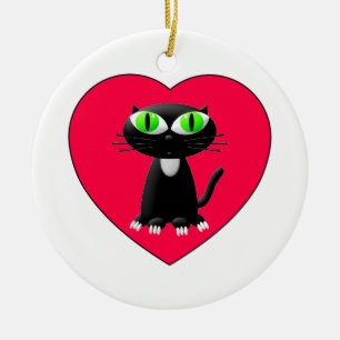 Svart katt i rött hjärta julgransprydnad keramik