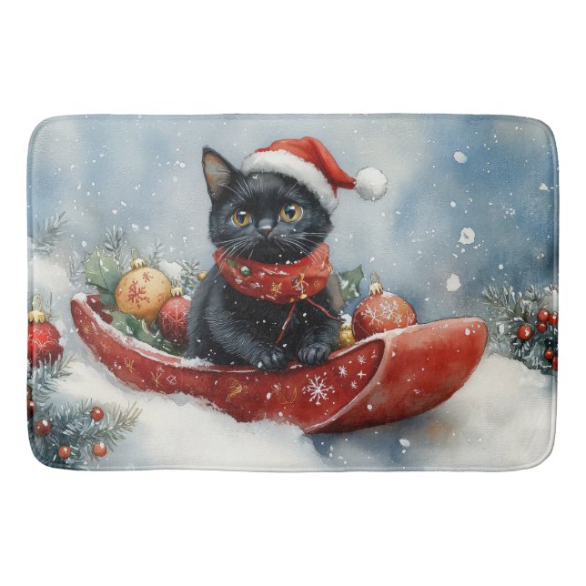 Svart katt i släde Låt det snöa jul Badrumsmatta (Framsidan)
