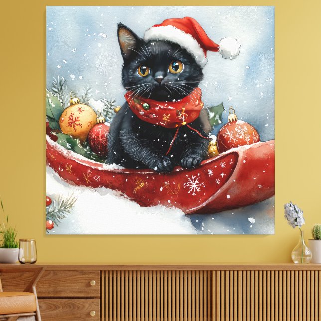 Svart katt i släde Låt det snöa jul Canvastryck (Insitu (Vardagsrum))