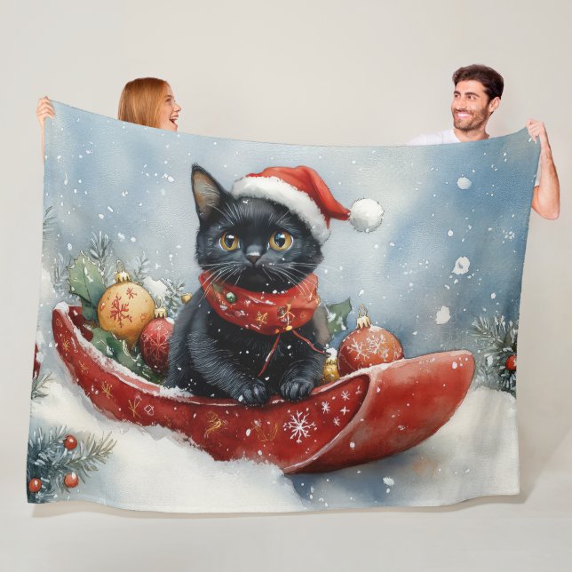 Svart katt i släde Låt det snöa jul Fleecefilt (På plats)