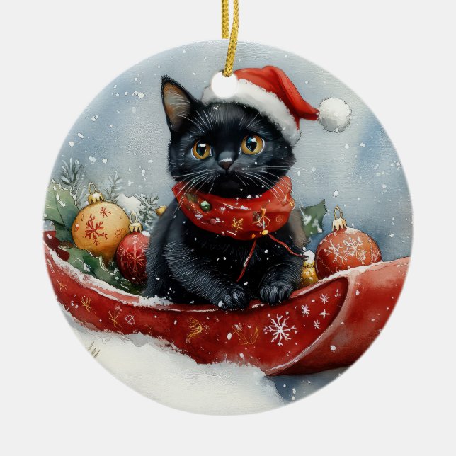 Svart katt i släde Låt det snöa jul Julgransprydnad Keramik (Framsidan)