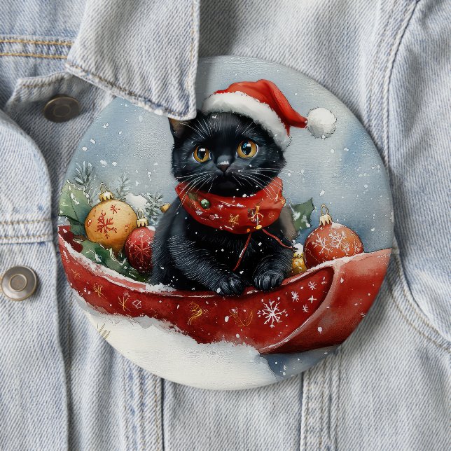 Svart katt i släde Låt det snöa jul Knapp (In Situ)
