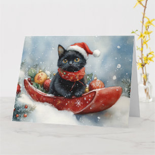 Svart katt i släde Låt det snöa jul Kort