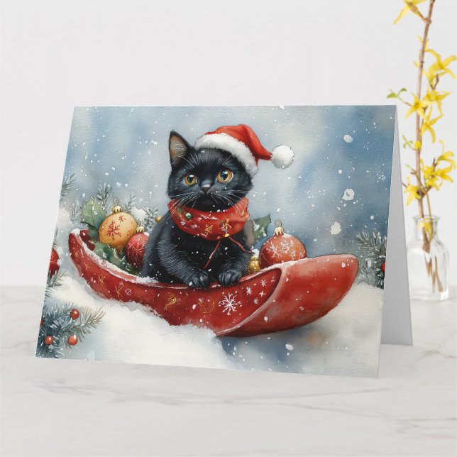 Svart katt i släde Låt det snöa jul Kort (Gul blomma)