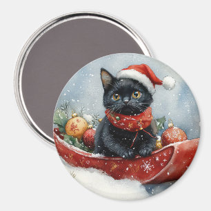 Svart katt i släde Låt det snöa jul Magnet