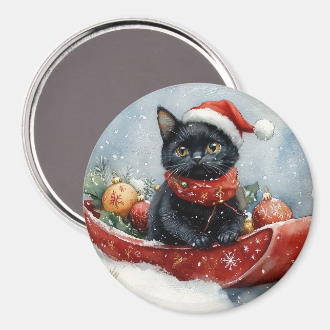 Svart katt i släde Låt det snöa jul Magnet (Front/Back)