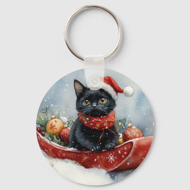 Svart katt i släde Låt det snöa jul Nyckelring (Framsida)