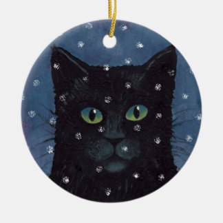 Svart katt i snöprydnaden julgransprydnad keramik