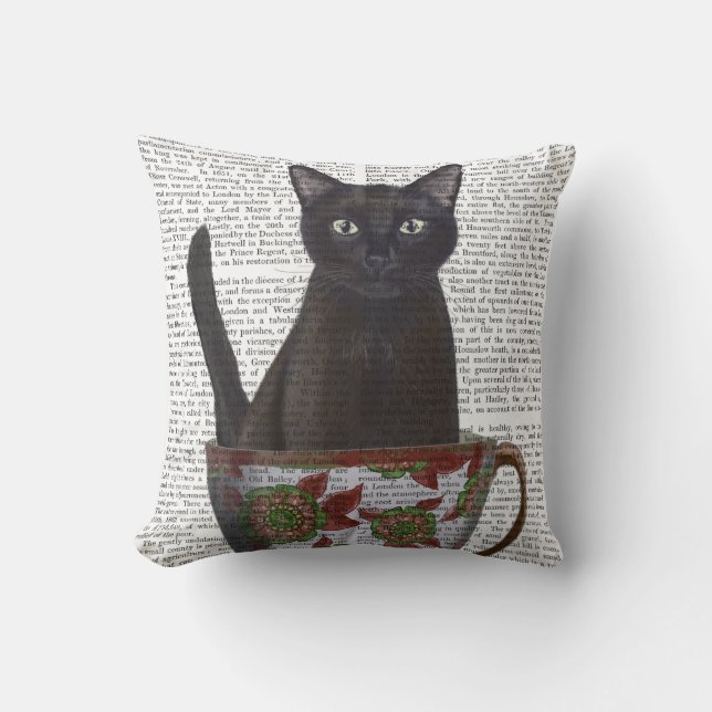 Svart katt i tekopp kudde (Framsida)