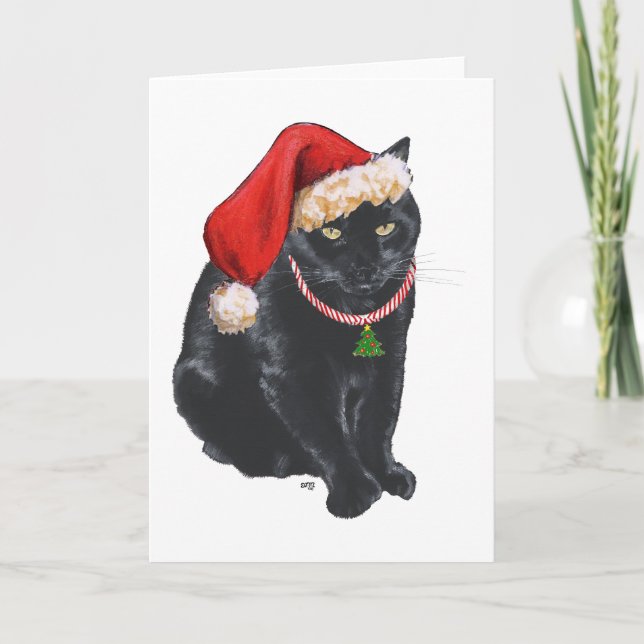 Svart katt i tomteluva helgkort (Framsida)