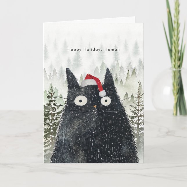 svart katt i tomteluva rolig Holiday julkort Kort (Framsida)