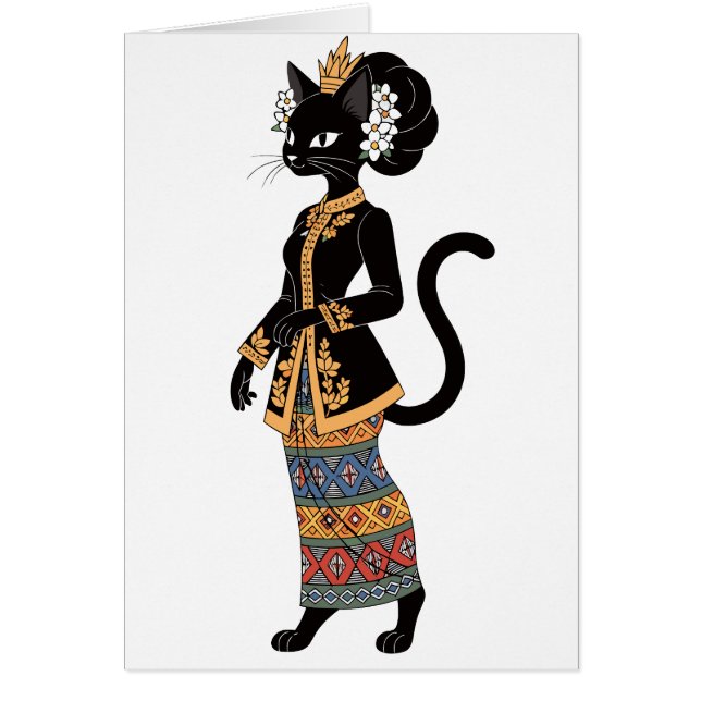 Svart katt i traditionell batik kebaya-konst OBS kort (Framsidan)