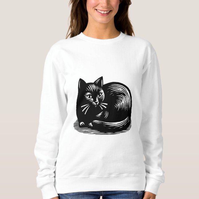 Svart katt i träsnittsstil t shirt (Framsida)