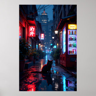 Svart katt i urban gränd på natten med livfulla poster