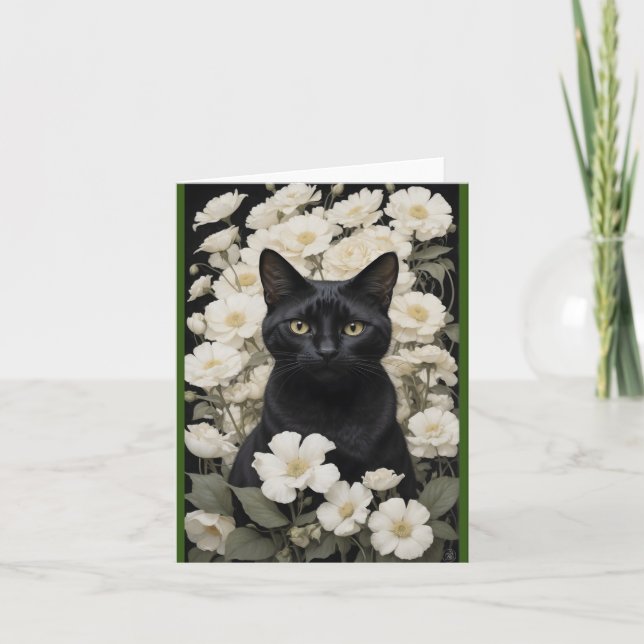 svart katt i vita blommor tack kort (Framsida)