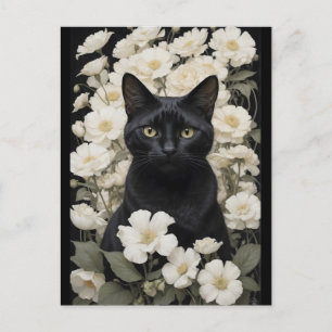 svart katt i vita blommor vykort