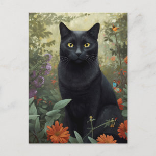 Svart katt i vykort för Blomsterträdgård