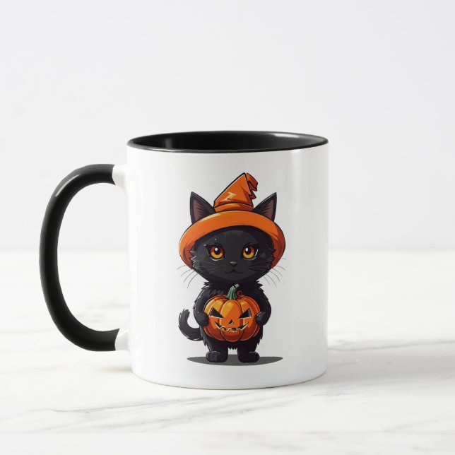 Svart katt i Witches Hat med Pumpkin Halloween Mugg (Vänster)