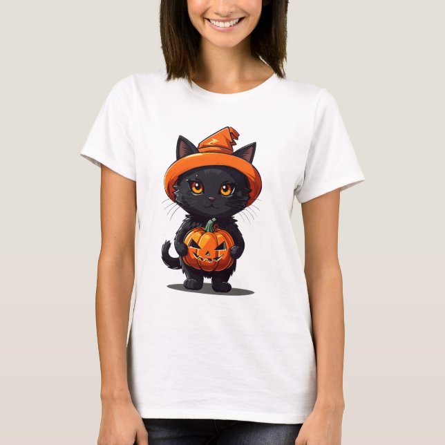 Svart katt i Witches Hat med Pumpkin Halloween T Shirt (Framsida)