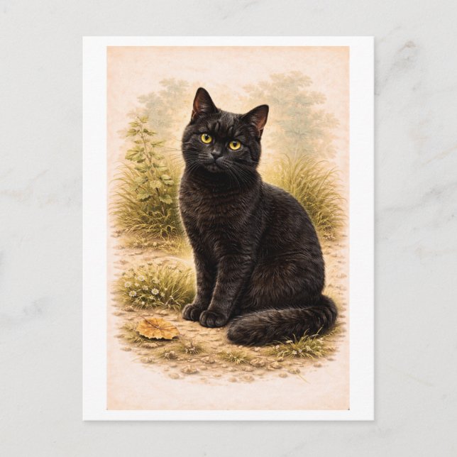 Svart katt-illustration i vintage-stil vykort (Framsida)