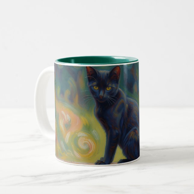 Svart Katt Impressionistisk Konst Kattälskare Mugg (Framsida vänster)