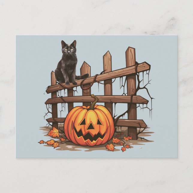 Svart Katt Jack-O' Lantern Grå Blå Halloween Helg Vykort (Framsida)