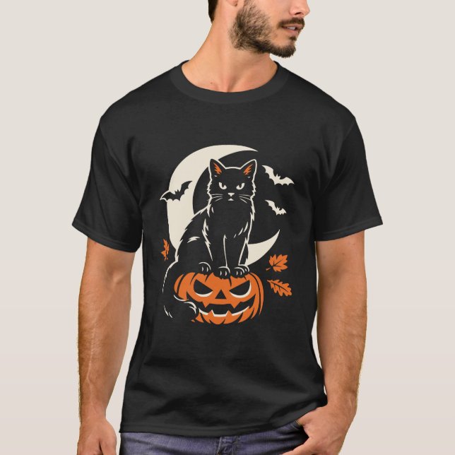 Svart katt Jack O Lantern Halloween T Shirt (Framsida)