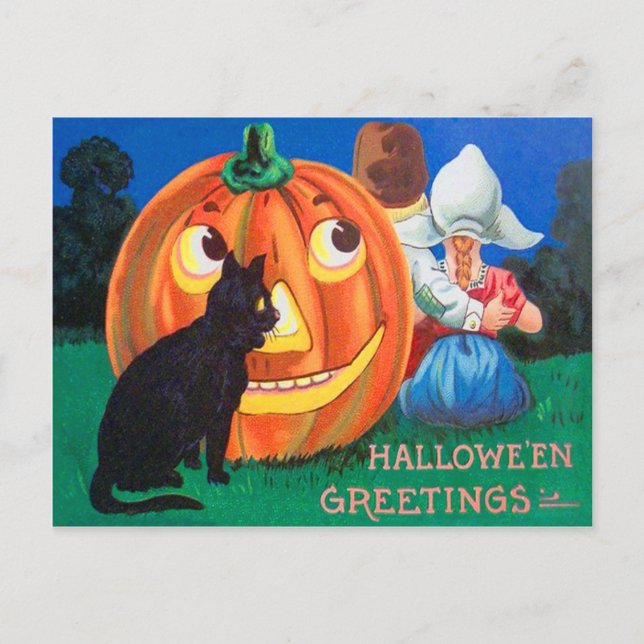 Svart Katt Jack O Lantern Pumpa Barn Vykort (Framsida)