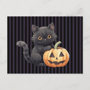 Svart Katt Jack-O' Lantern Svarta Randiga Hallowee Helg Vykort