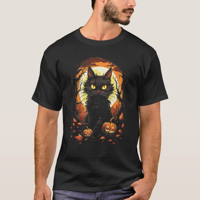 Svart katt Jackolantern - Fullmåne Halloween Katt  T Shirt (Framsida)