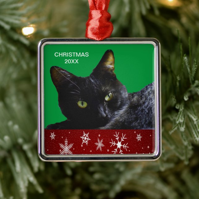 Svart katt jul 20XX Premium Square Ornament (Träd)