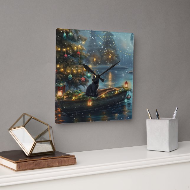 Svart katt jul - festlig resa fyrkantig klocka (Kontor)